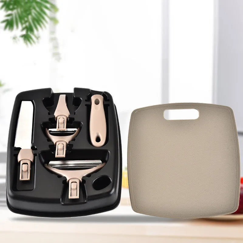 Brown eight-piece kitchen cutter set with peeler, knife and chopping board on wheat straw base