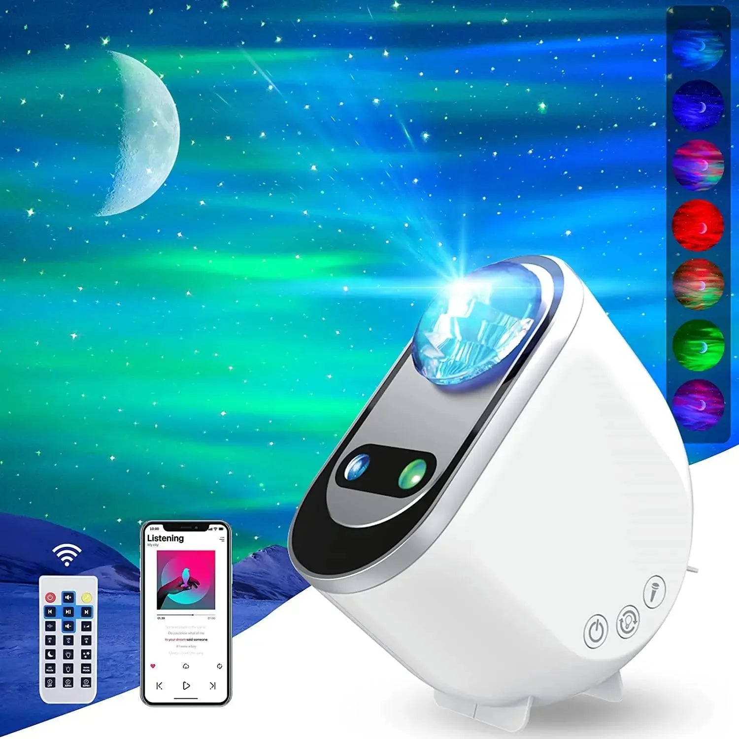 White ABS plastic Northern Lights star projector lamp with USB cable and remote control on table