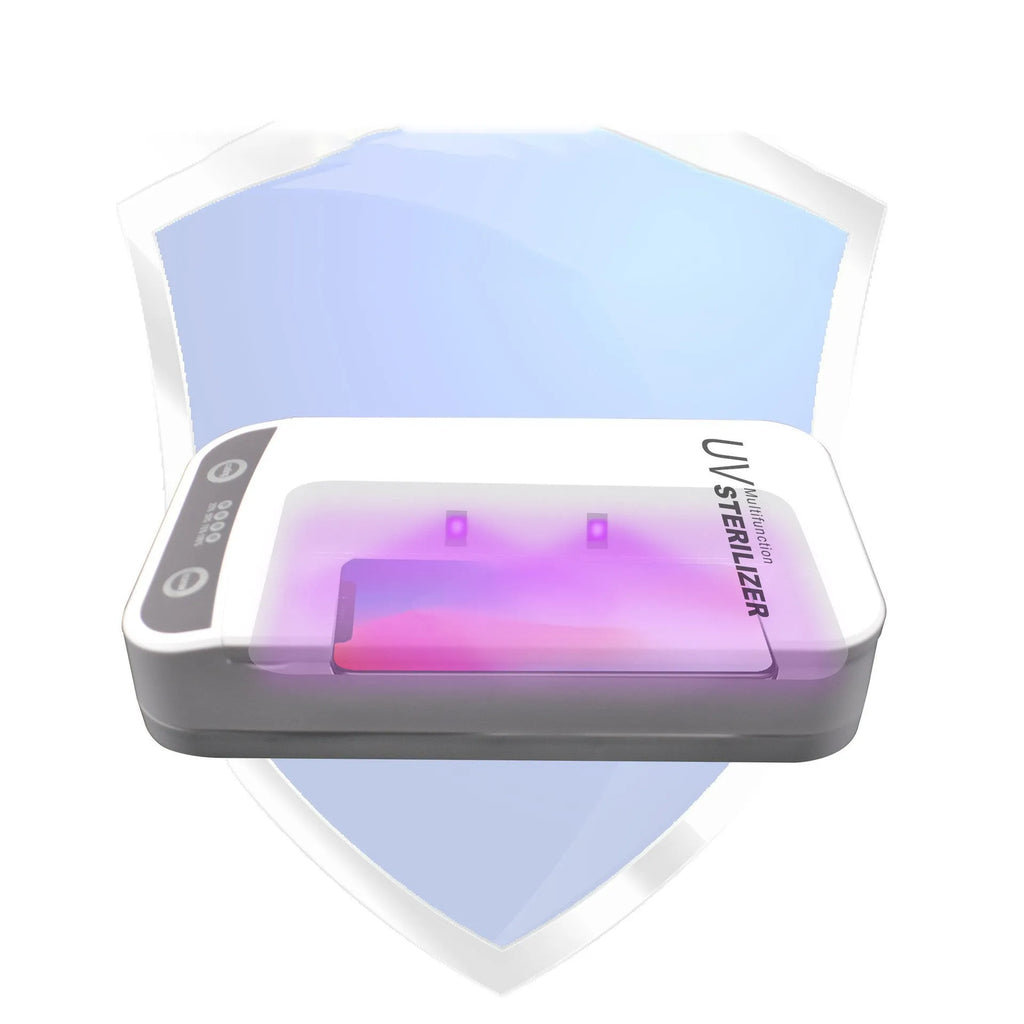 White UV disinfection box open showing internal compartment with UV lights, mobile phone inside