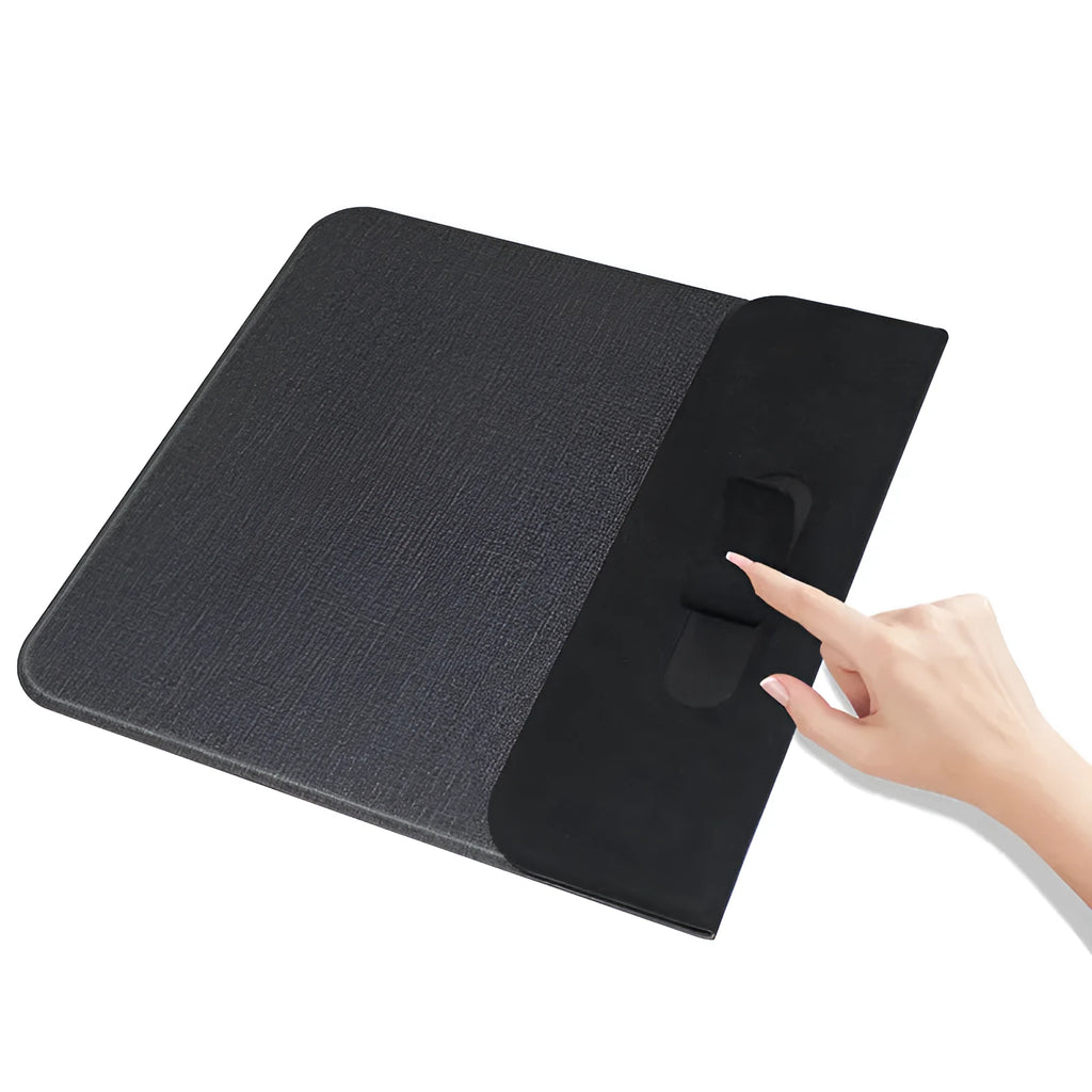 A foldable fabric phone holder with a phone attached, showing its adjustable angle and wireless charging capability.