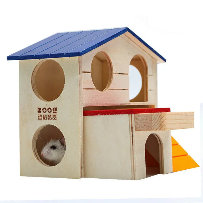 Blue top villa wooden hamster chalet toy measuring 17x17x15cm for small pet chewing and climbing
