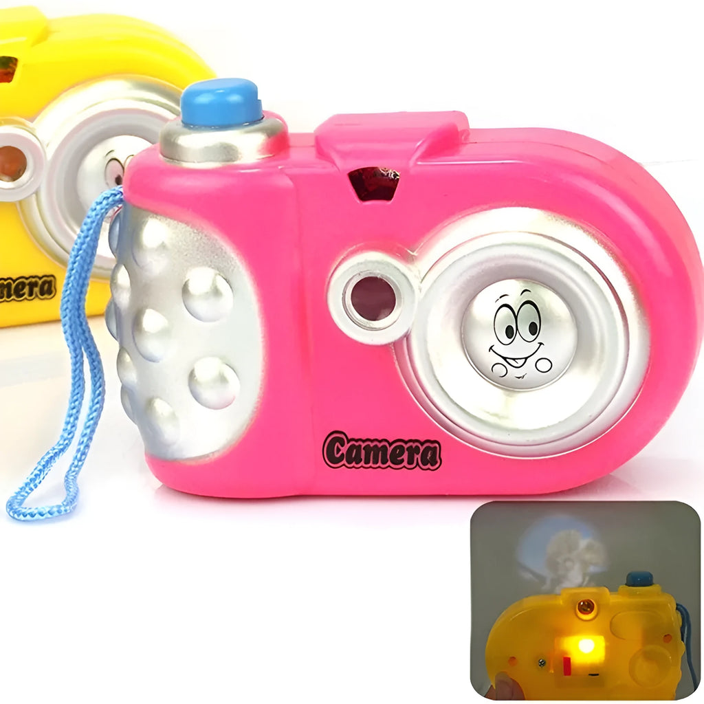 Kids educational projection camera toy showing dinosaur and dolphin images with slide switch mechanism in blue or pink colour
