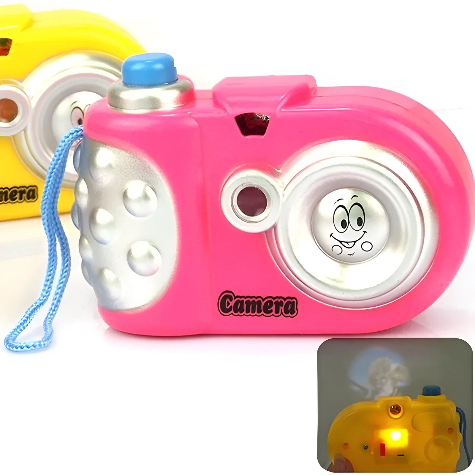 Kids educational projection camera toy showing dinosaur and dolphin images with slide switch mechanism in blue or pink colour