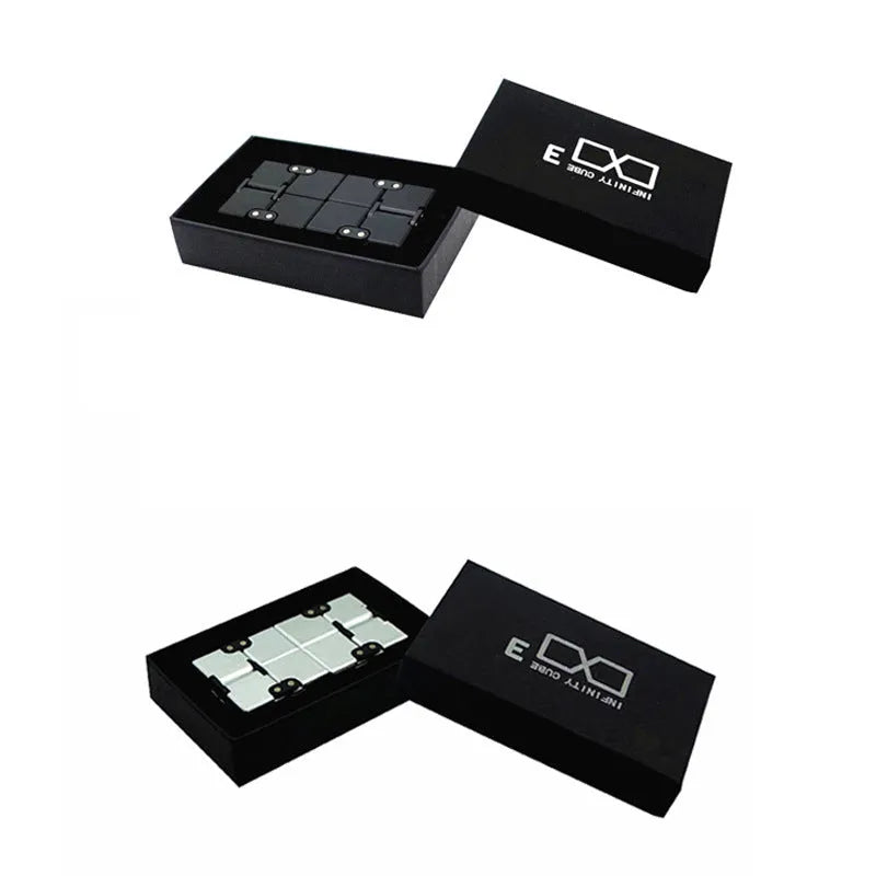Zinc alloy infinity cube fidget toy showing rotating black cubes in 4cm metal construction
