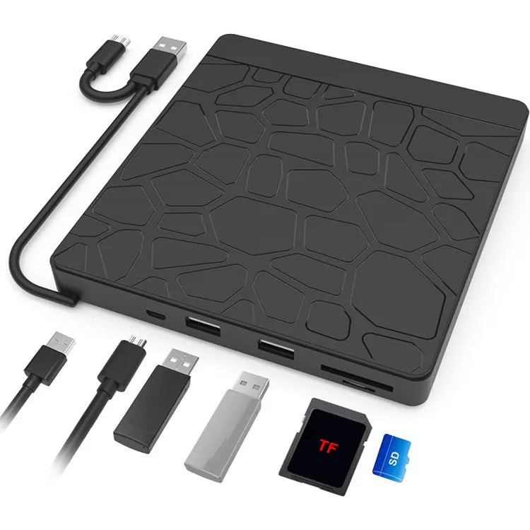 Black portable external optical drive with dual interface connections for laptop computers