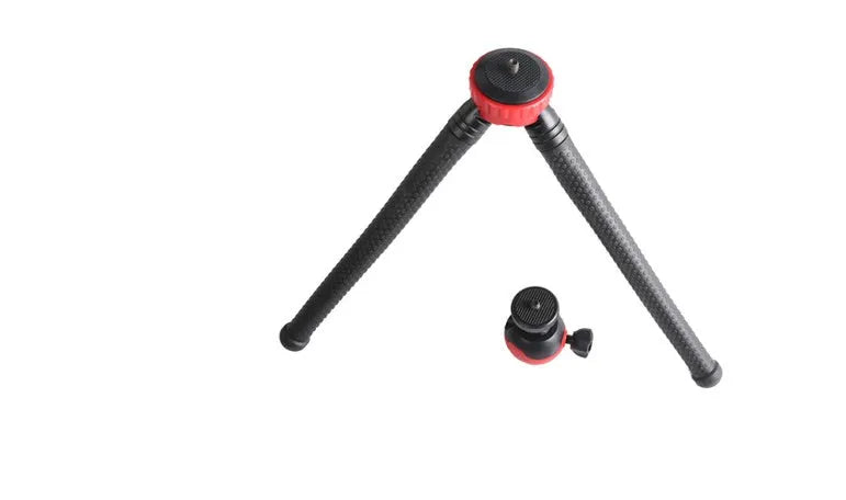 Black octopus tripod with flexible rubber legs and spherical gimbal for cameras and phones