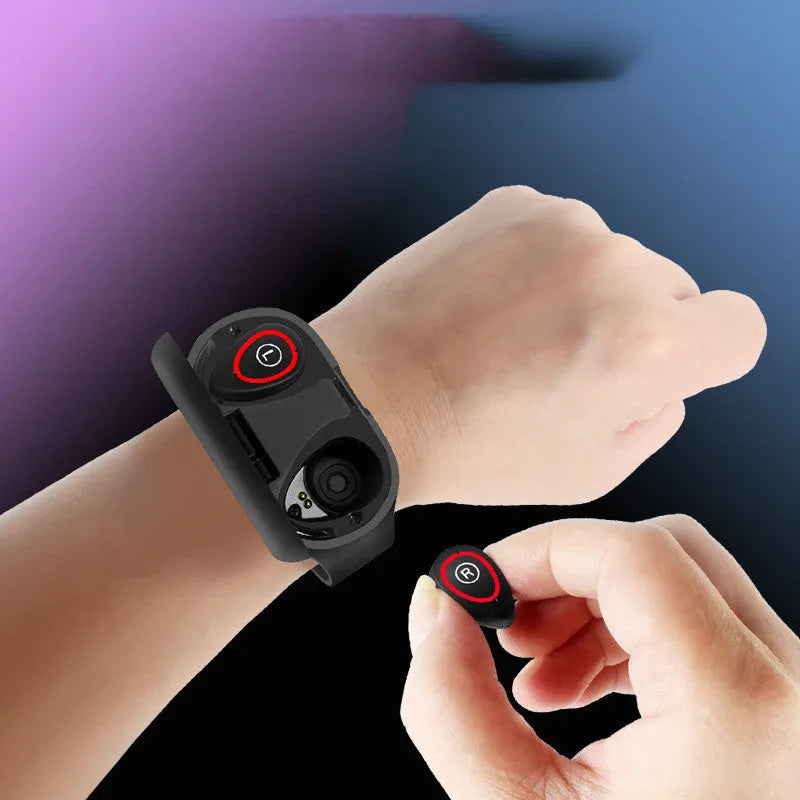 Android smart bracelet with integrated Bluetooth earphones in silicone wristband showing black, blue, and red colour options