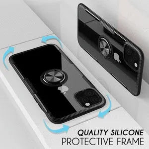 Black iPhone 11 Pro Max phone case with integrated car holder arm, showing port access and textured grip.