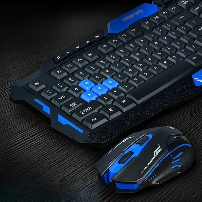 Black and blue wireless keyboard and mouse set on desk showing waterproof design