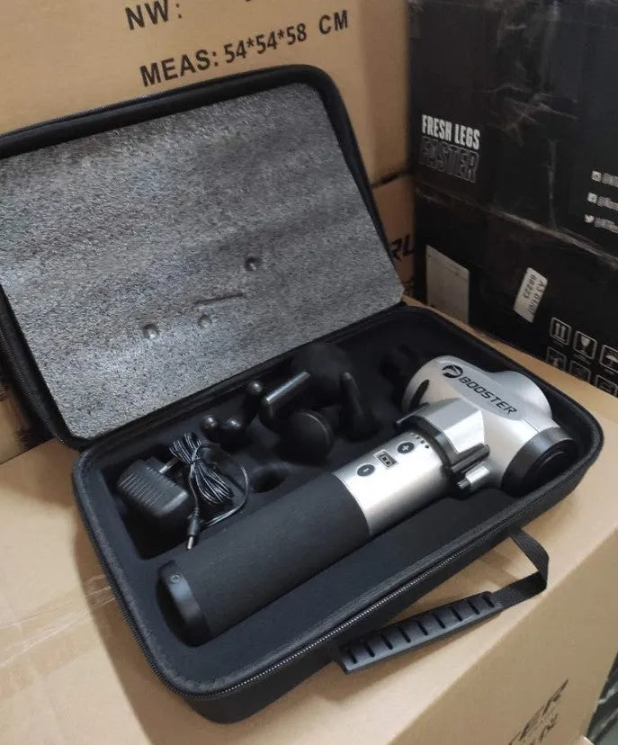 Black and white cordless massage gun with deep tissue 12mm stroke.