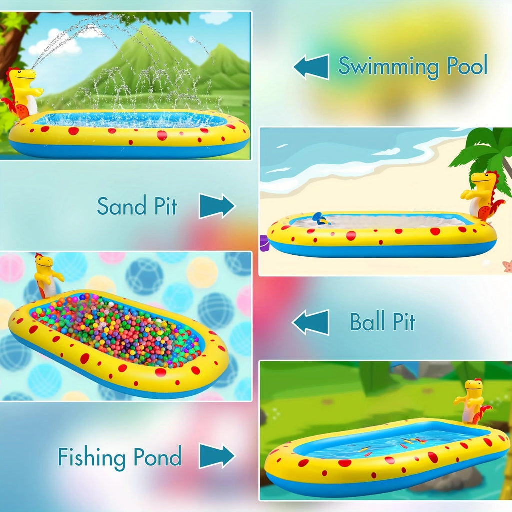 Blue dinosaur shark water spray pool measuring 170cm long with children playing