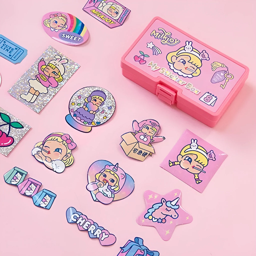 Korean-style cartoon PVC sticker set with 16 square designs and storage box for DIY decoration