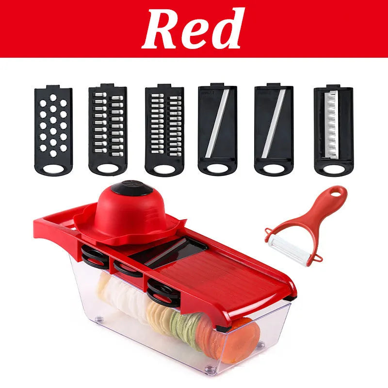 Multifunctional vegetable cutter with seven stainless steel blades and wheat straw plastic housing