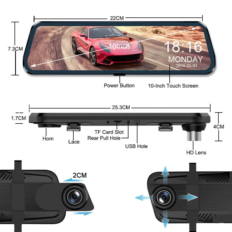 10-inch full screen car dash cam with front and rear cameras on a car windscreen