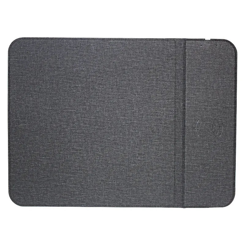 A foldable fabric phone holder with a phone attached, showing its adjustable angle and wireless charging capability.
