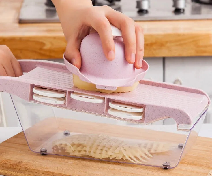 Multifunctional vegetable cutter with seven stainless steel blades and wheat straw plastic housing