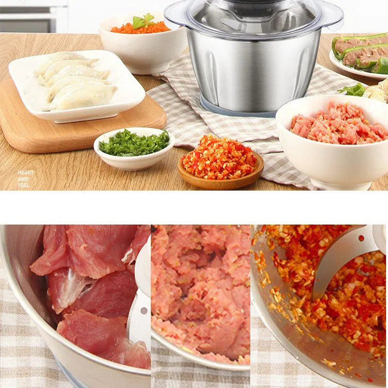 Electric garlic peeler and LONG PLUS meat grinder kitchen appliance on a countertop
