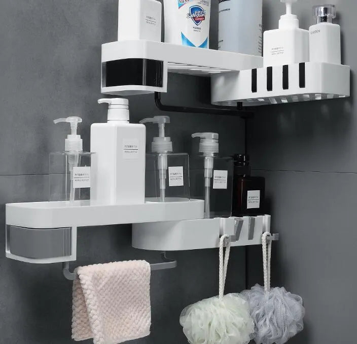 Retro European style suction wall bathroom corner shelf in white gray colour