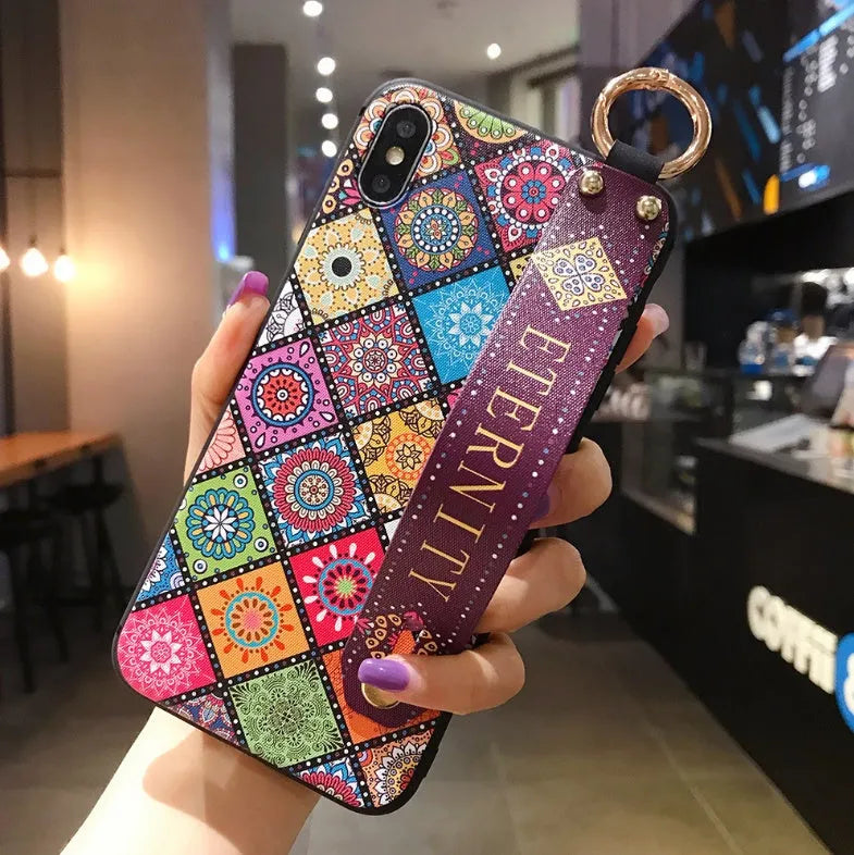 Samsung Galaxy phone case with a flip-out bracket stand in one of seven available style designs.