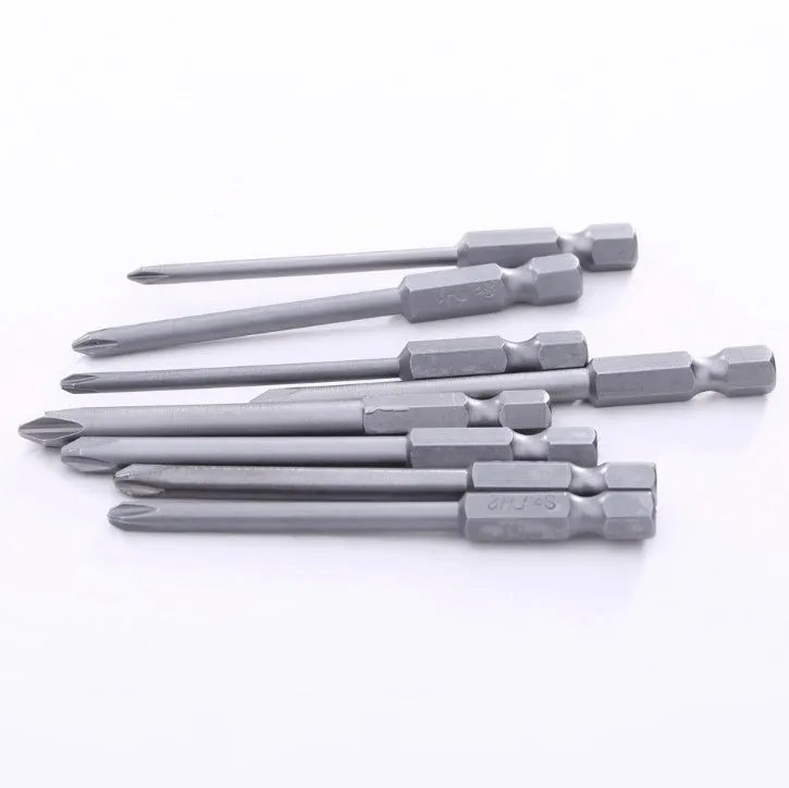 Eight magnetic cross-head screwdriver bits on a white background, showing Phillips tips and hex shanks.