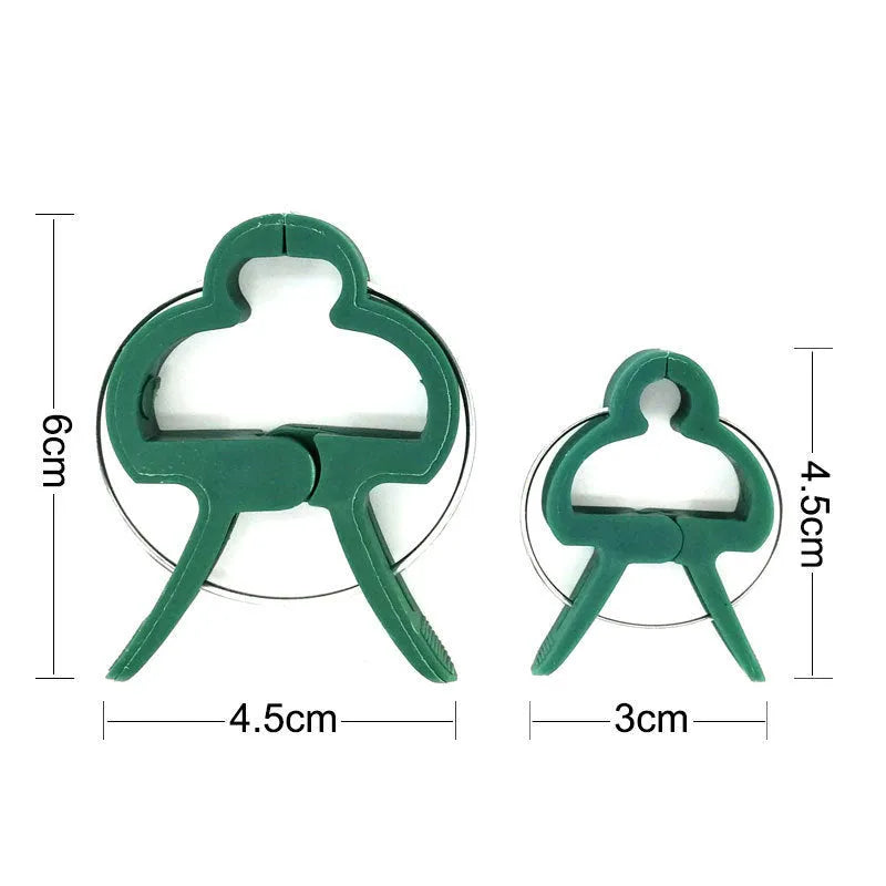 Green plastic and zinc plant support clips for climbing vegetables, showing large and small sizes.