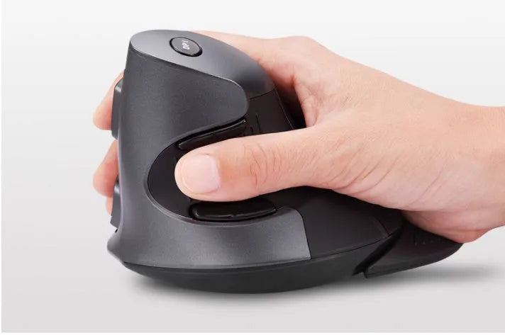 M618 wireless vertical ergonomic mouse in black or white colour on a desk.