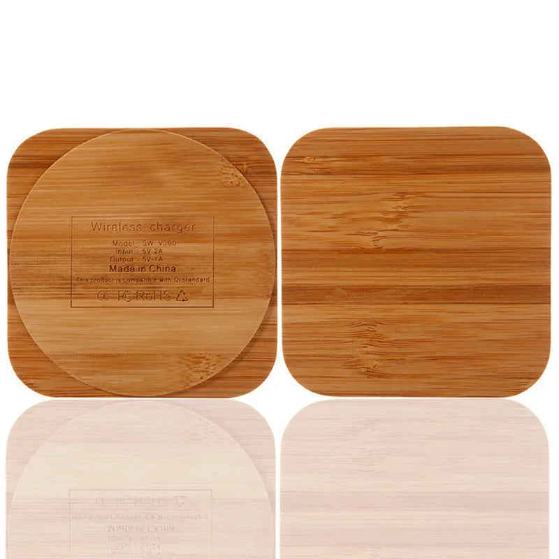Square wooden bamboo 5W Qi wireless charging pad on a table