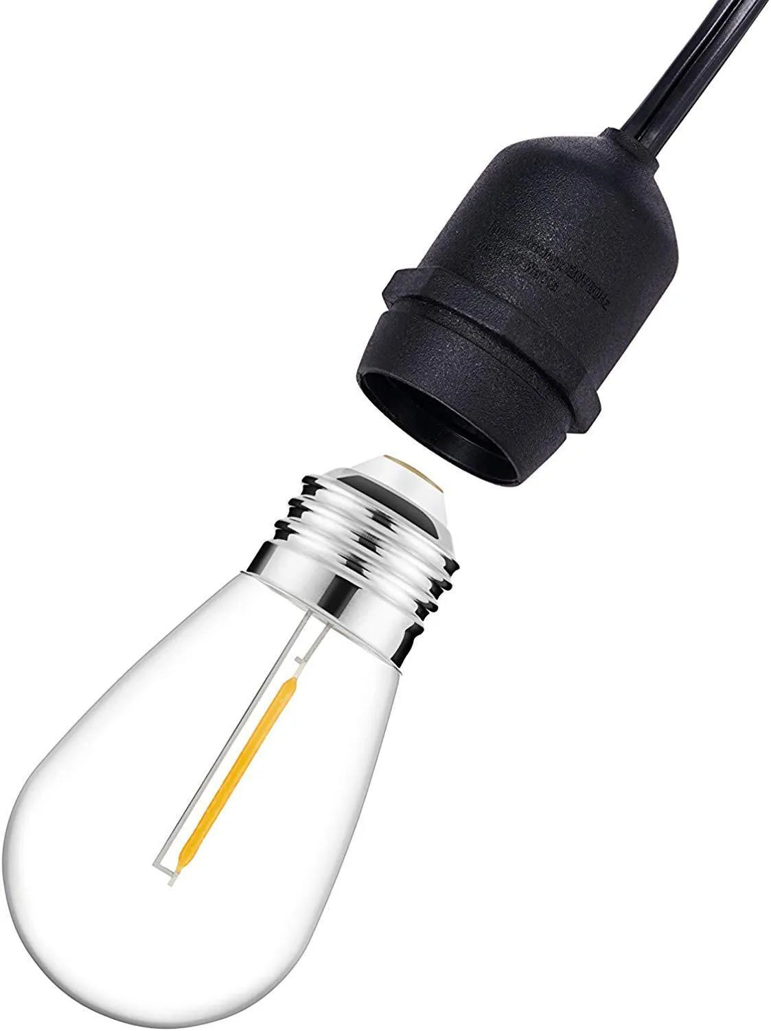 Waterproof solar-powered LED string lights hanging outdoors on a garden fence.
