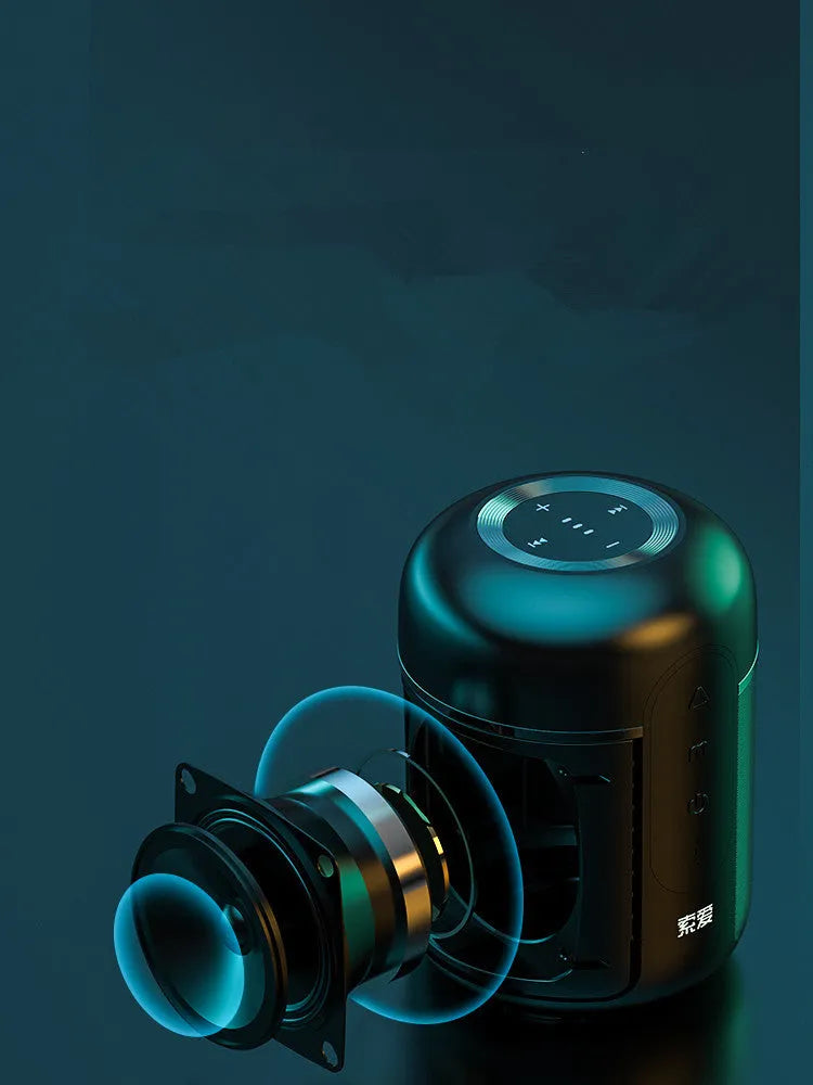 Black portable Bluetooth speaker showing front grill and controls, with scale indicating compact 72mm by 99mm size