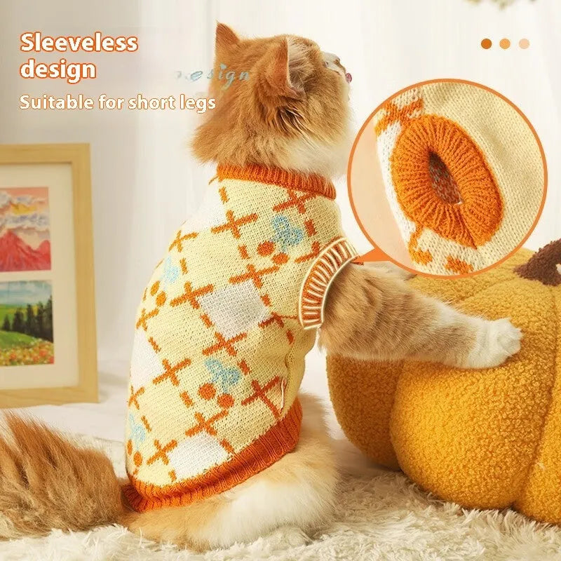 Orange cherry diamond knit cat sweater for autumn winter wear with windproof properties