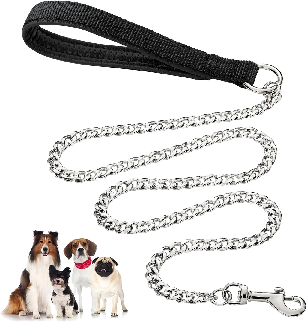 Heavy duty metal dog chain leash with soft padded handle in black, blue, or red colours