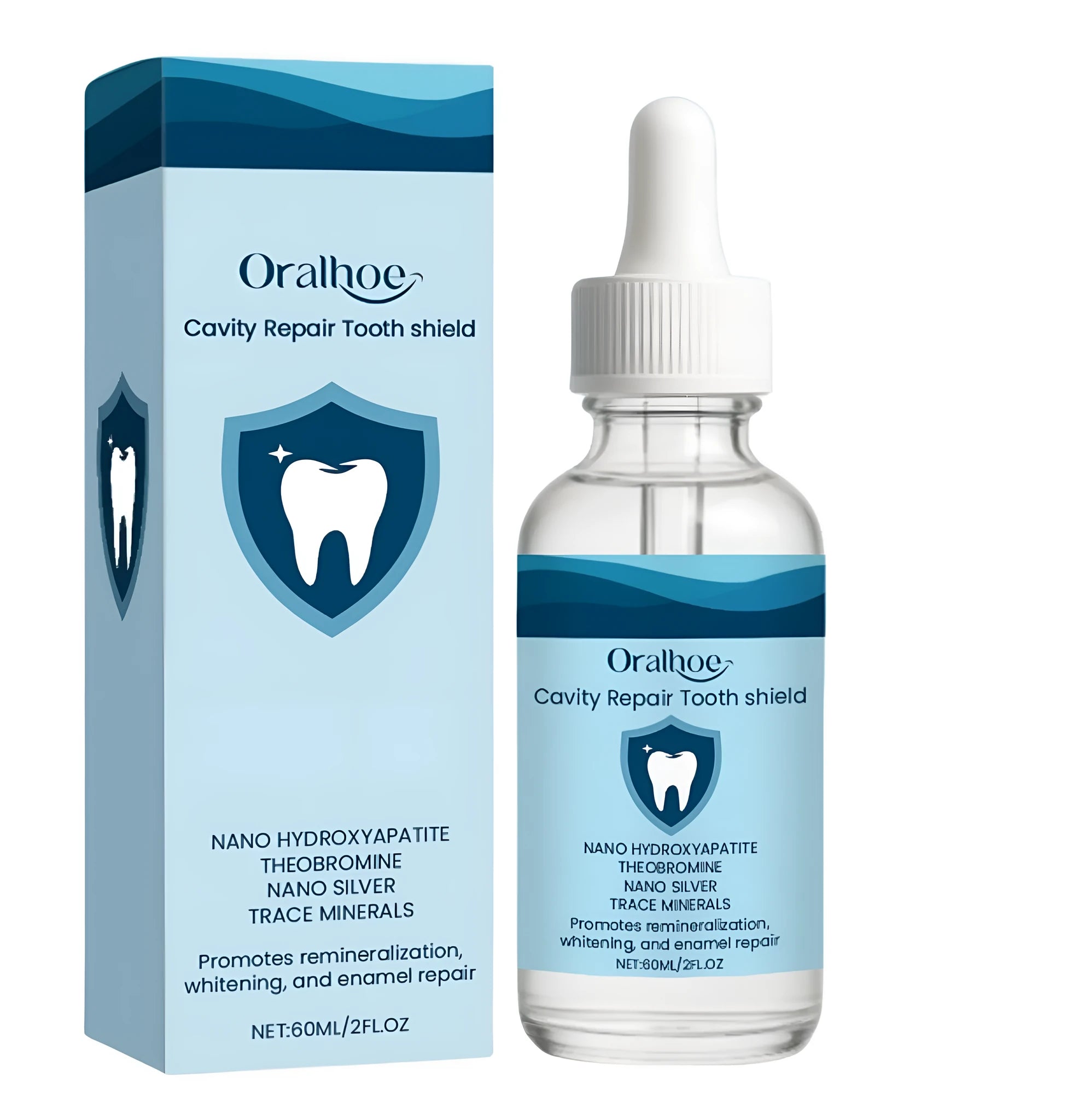 60 ml bottle of dental restorative fluid oral rinse with hydroxyapatite and theobromine