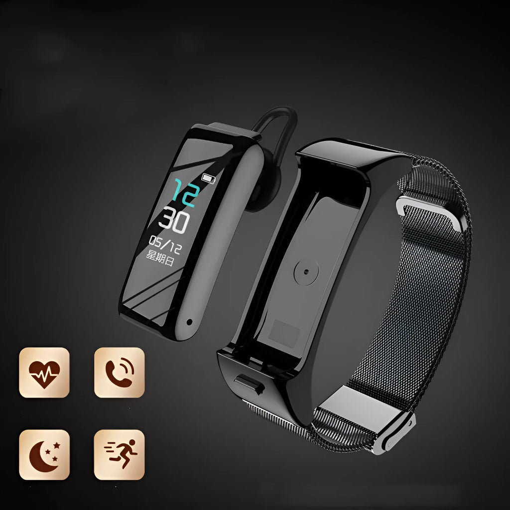 Bluetooth smartwatch with touch screen on a choice of leather, silicone, or steel wrist strap.
