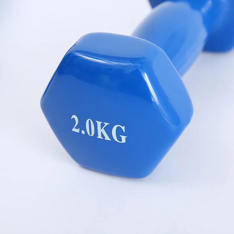 Bright plastic dumbbells with glossy surface in multiple weight options from 0.5kg to 5kg