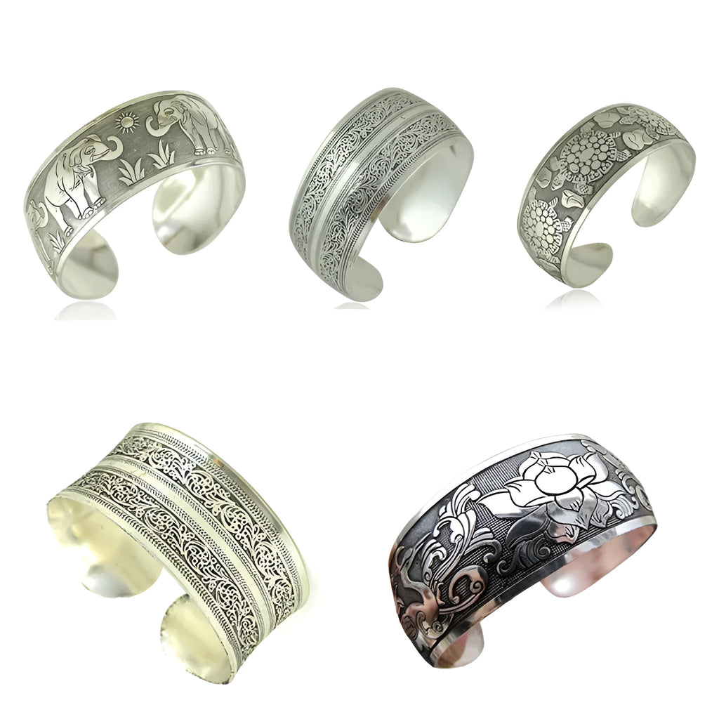 Open carved Miao ethnic bracelet with Roman shape in alloy material showing turtle design