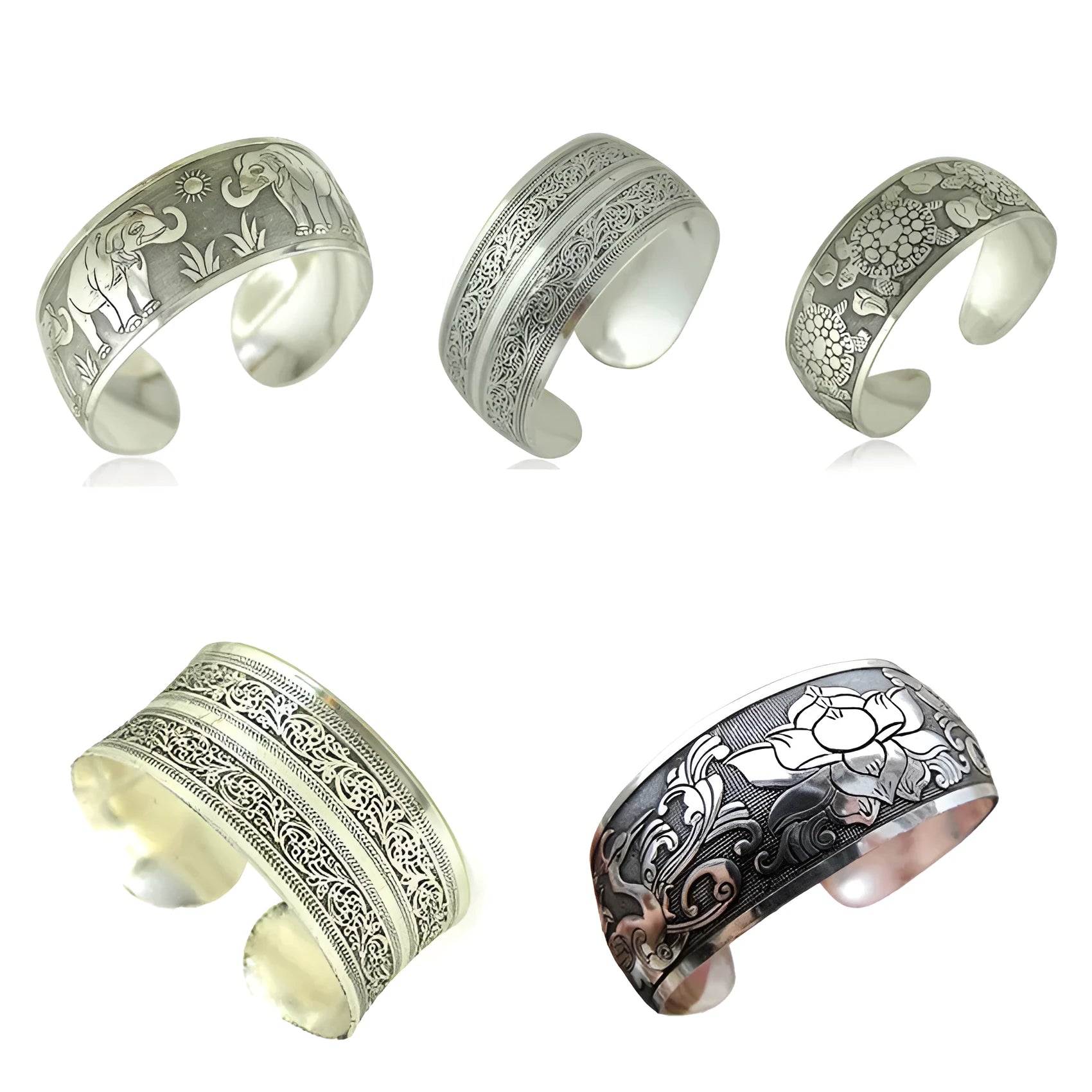 Open carved Miao ethnic bracelet with Roman shape in alloy material showing turtle design