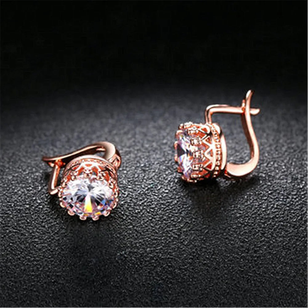 Korean retro crown clip-on earrings with white diamond detail in rose gold and white gold colour options