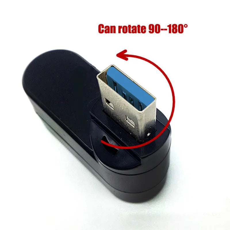 Black rotating USB hub with four ports on a white background.