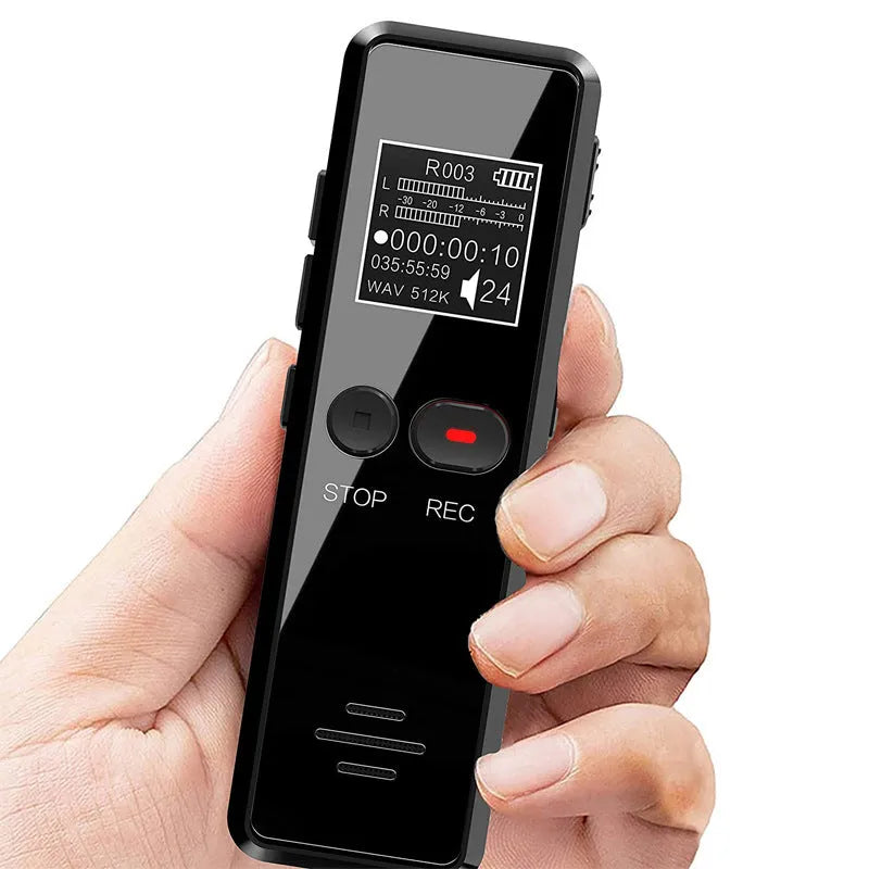 Black zinc alloy USB voice recorder MP3 player with LCD screen showing recording time