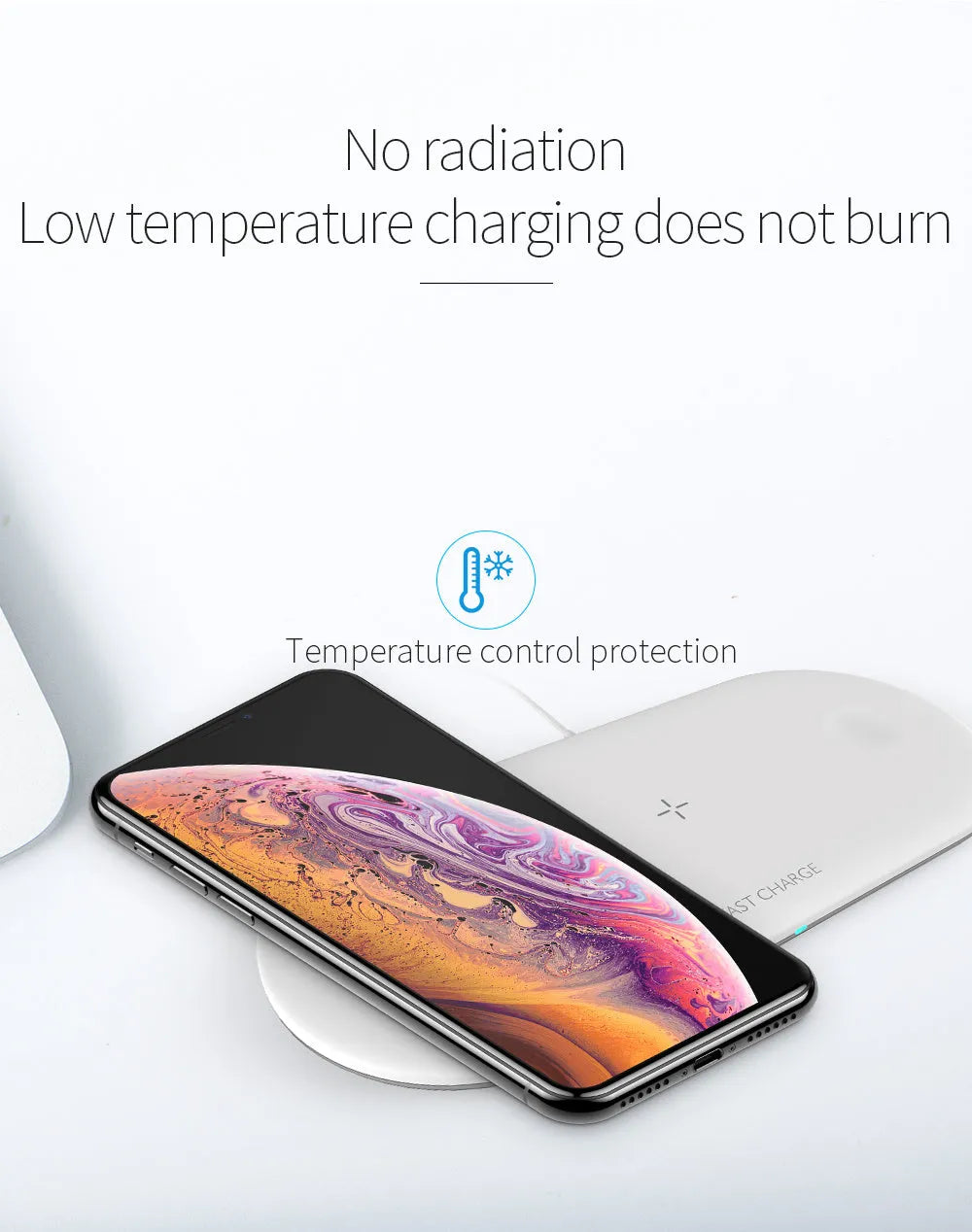 White triple wireless charging station for iPhone, iWatch, and headphones on desktop