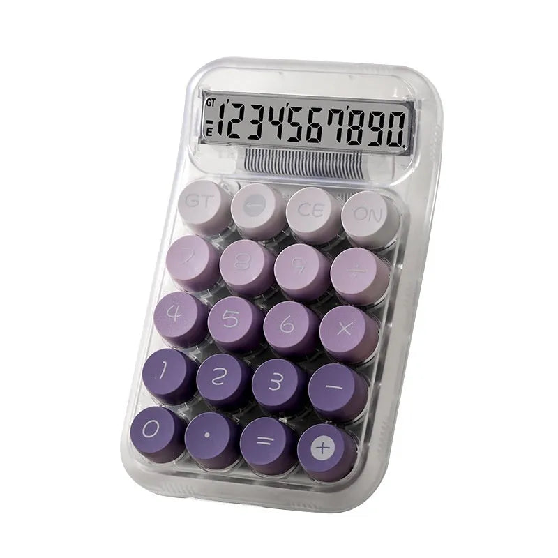 Gradient colour mechanical keyboard calculator on a desk showing LCD display.