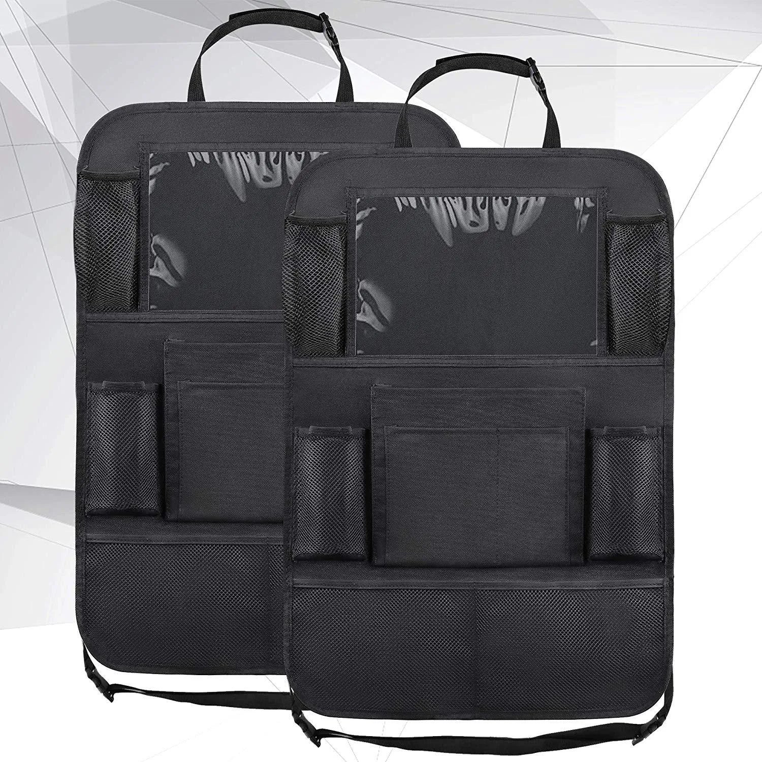 Car seat back storage pouch with 9 storage bags and transparent iPad pocket in black mounted on a car seat
