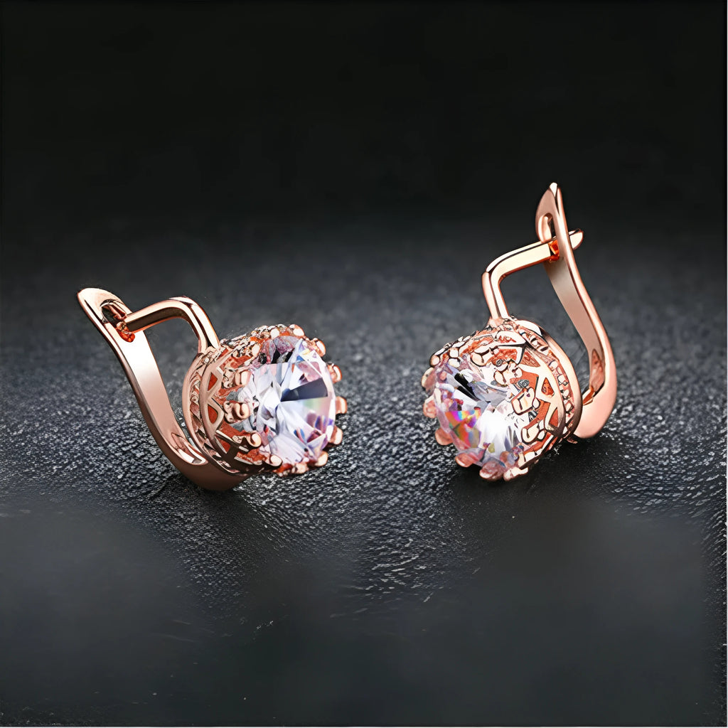 Korean retro crown clip-on earrings with white diamond detail in rose gold and white gold colour options
