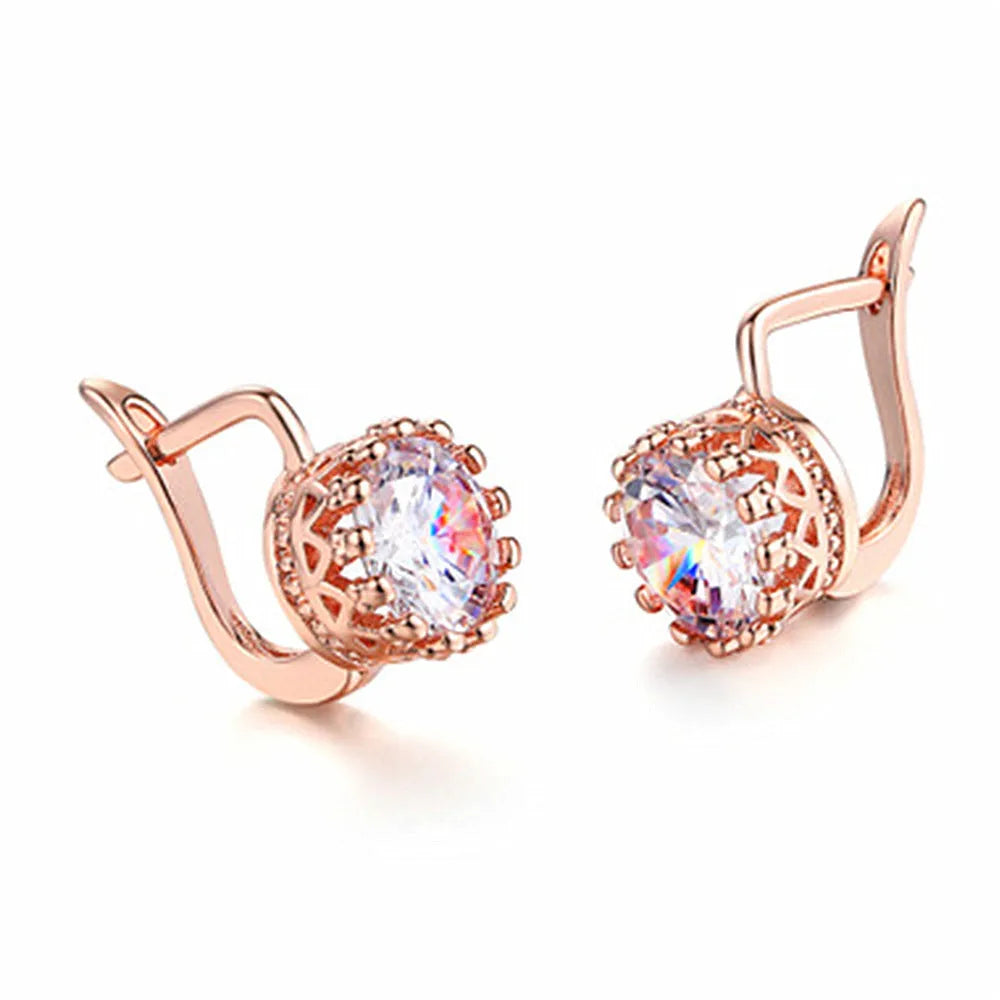Korean retro crown clip-on earrings with white diamond detail in rose gold and white gold colour options