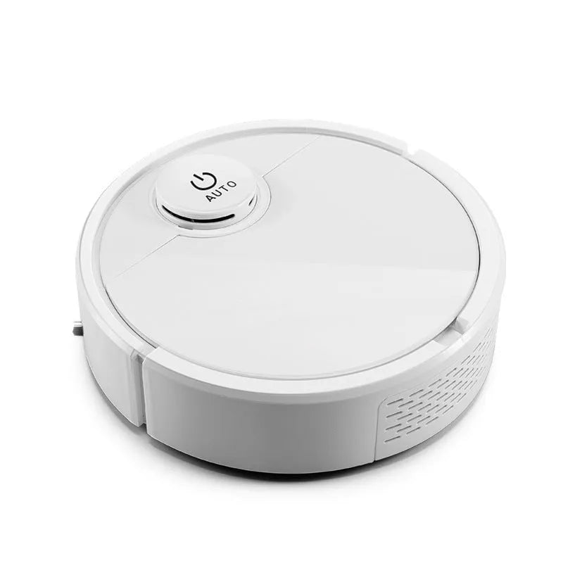 Compact automatic sweeping robot with ABS body on a hardwood floor.