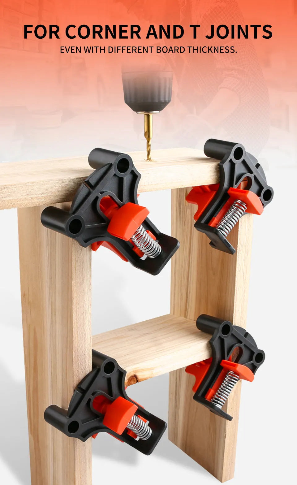 Four plastic 90 degree right angle woodworking clips for frame corner alignment