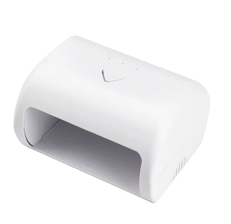 9W black LED UV nail lamp with dual light source and timer buttons on a white surface
