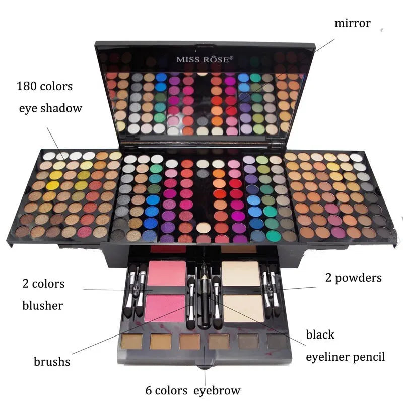 Piano-shaped makeup palette open to show 180 eyeshadow colours with powder and blush pans