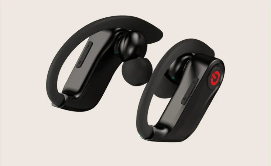 Black wireless Bluetooth earbuds headset with a 10-metre range and voice control functions.