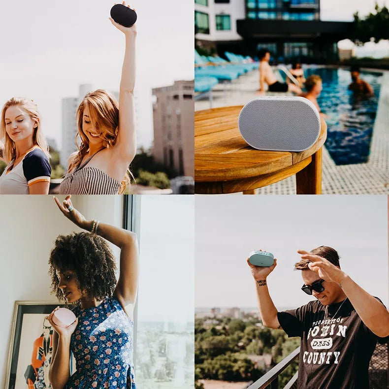 Smart WiFi speaker in white with 2.0 channel stereo and built-in battery